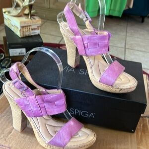 Born Crown Platform Cork and Leather Sandals in Violet Pink Sz 8